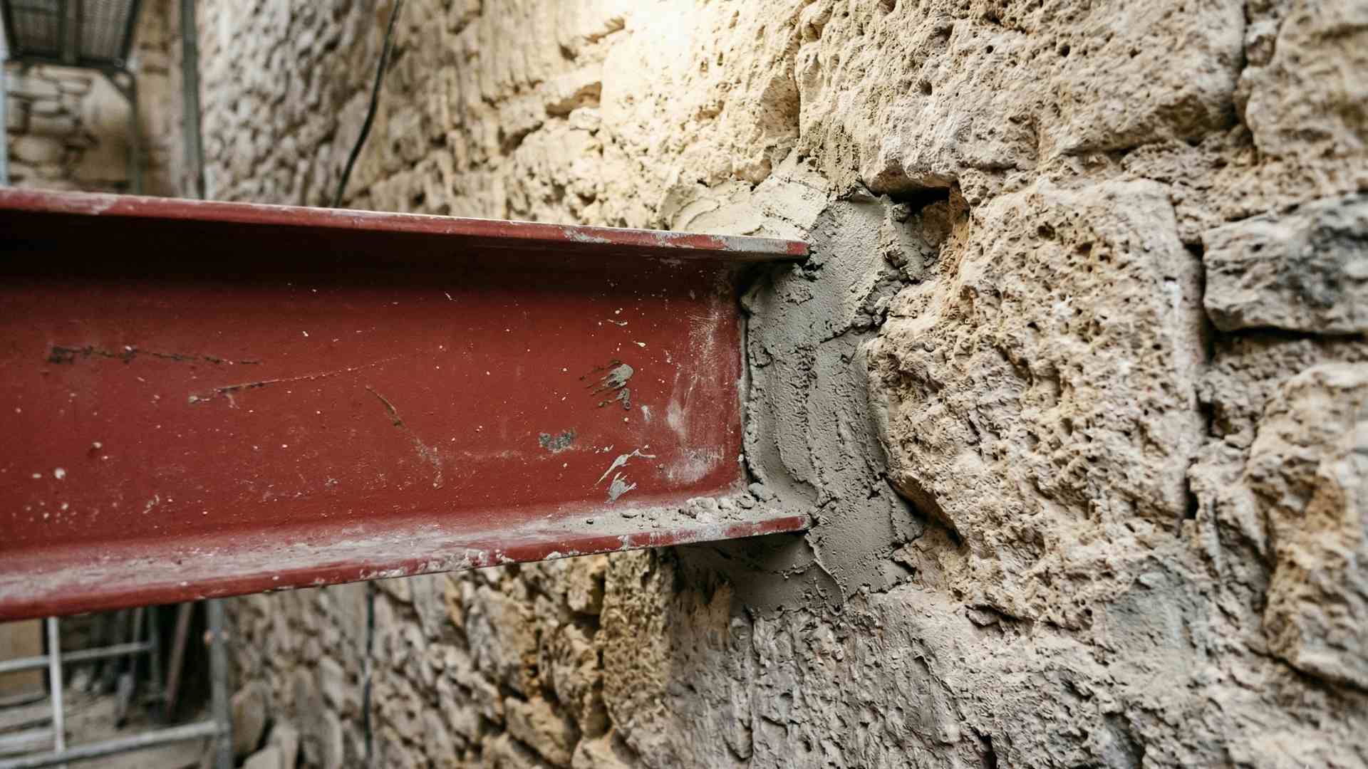 Poutre métallique IPN encastrée mur pierre