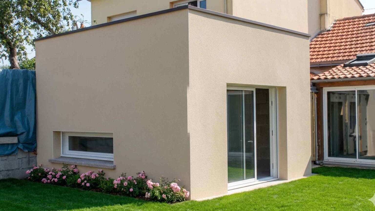 Extension à toit plat livrée avec étanchéité bitume conforme au DTU 43.1 en Provence