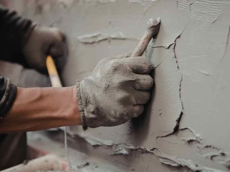Main d'un ouvrier en train de réparer une fissure structurelle par harpage