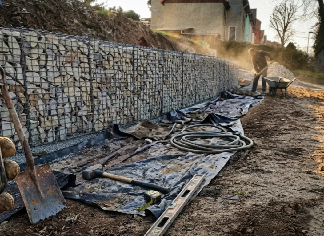 Mur de soutènement en gabion terminé sur un chantier en Provence
