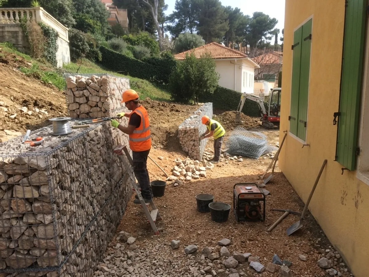 Équipe Les Maisons Vertes Provençales posant un mur en gabion