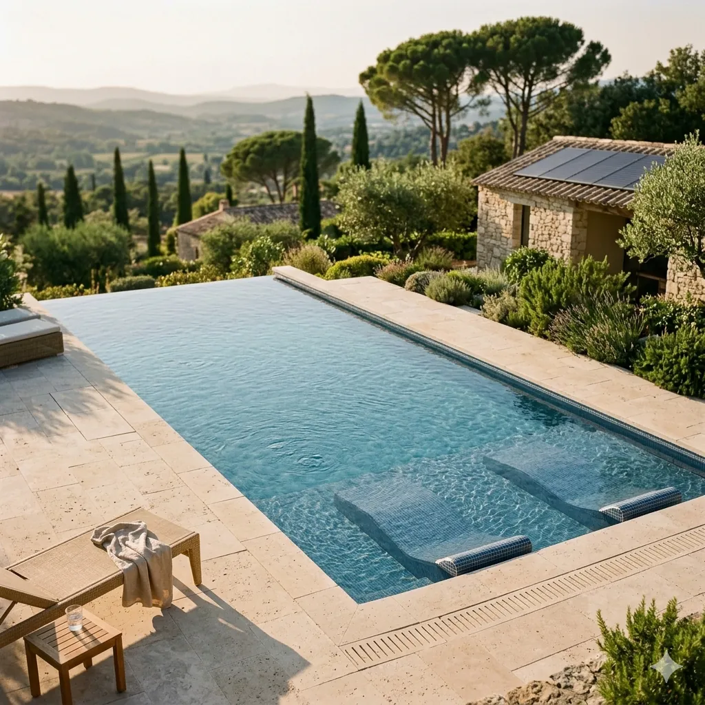 Piscine béton 10 × 5 m Méditerranée à débordement Les Maisons Vertes Provençales