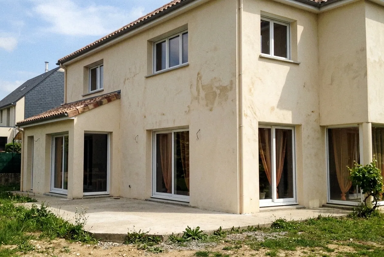 Extension de maison avec étage livrée — façade enduite ton clair, menuiseries et raccord de façade terminés · livraison Les Maisons Vertes Provençales
