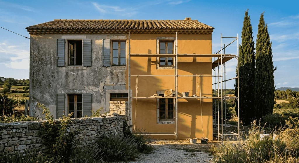 Façade en pierre enduite à la chaux d'une maison provençale, forte inertie thermique