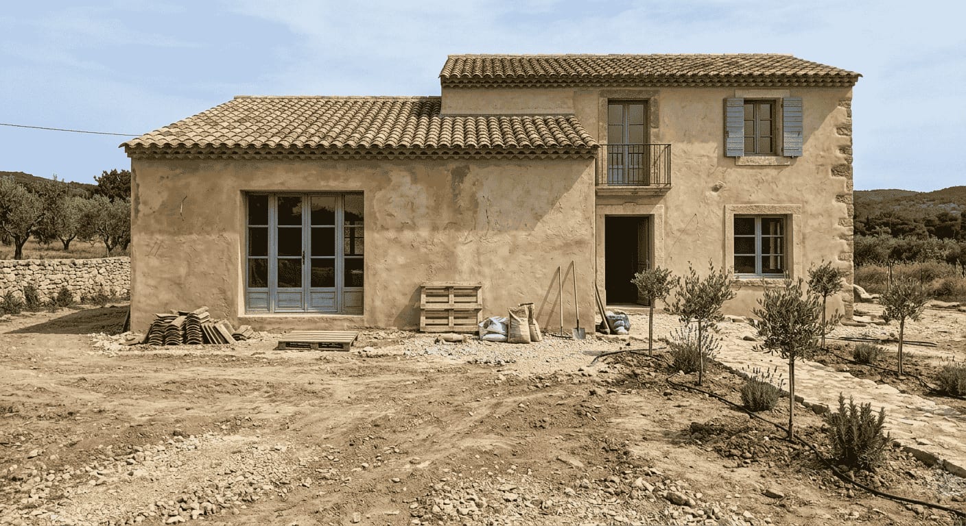 Maison neuve provençale terminée en fin de chantier, Bouches-du-Rhône