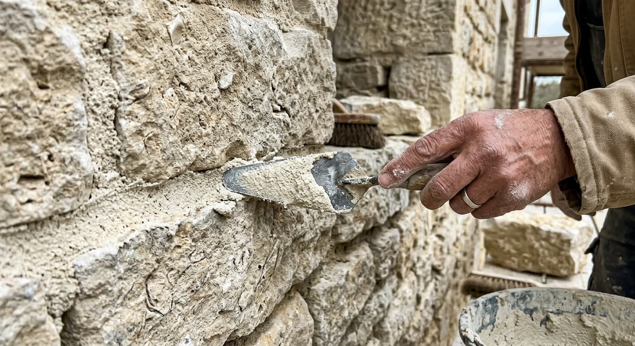 Application du mortier de chaux dans les joints d'un mur en pierre apparente