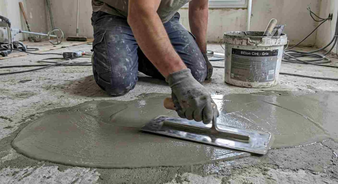 Application du béton ciré à la taloche inox sur un sol