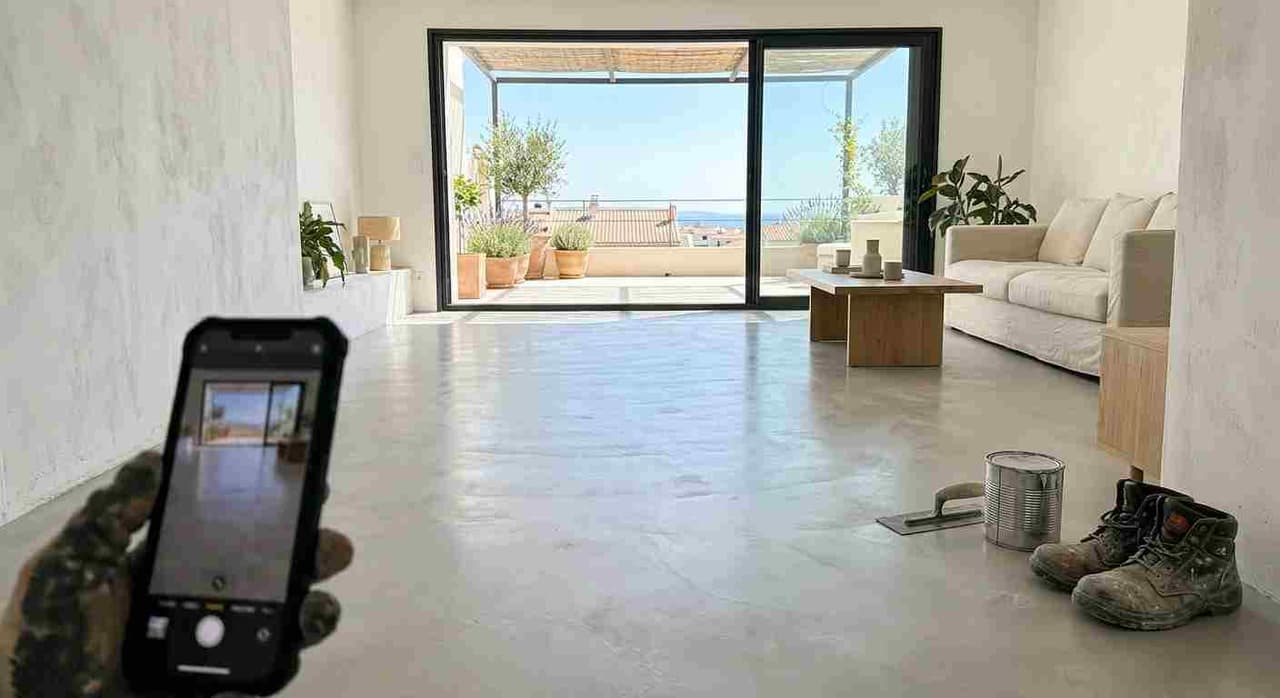 Sol en béton ciré gris dans un salon contemporain à Marseille