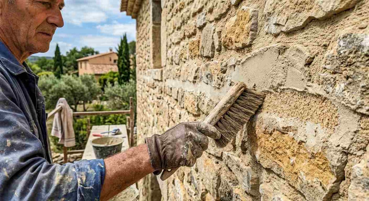 Brossage de finition d'un joint à la chaux sur un mur en pierre, technique du bâti ancien