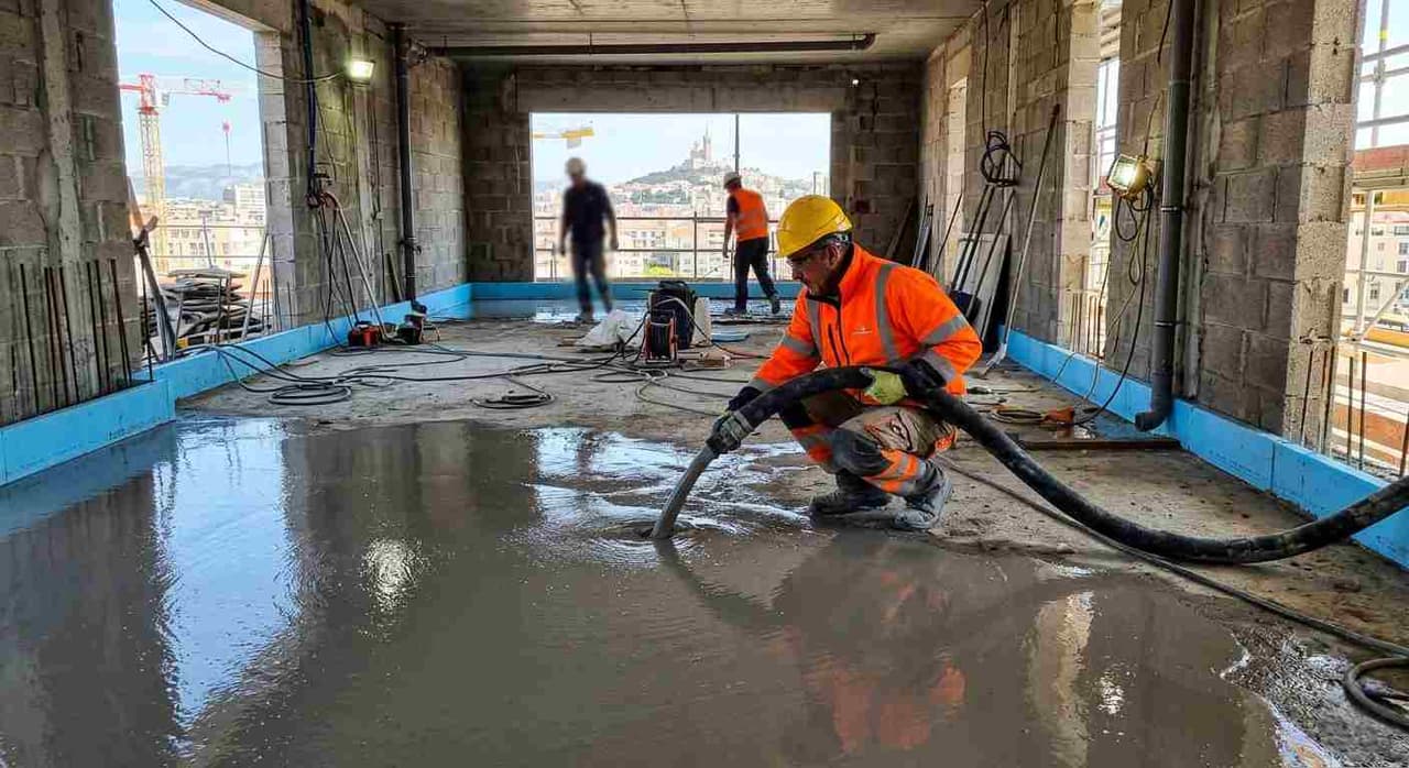 Coulage d'une chape liquide autonivelante à la pompe sur un chantier à Marseille