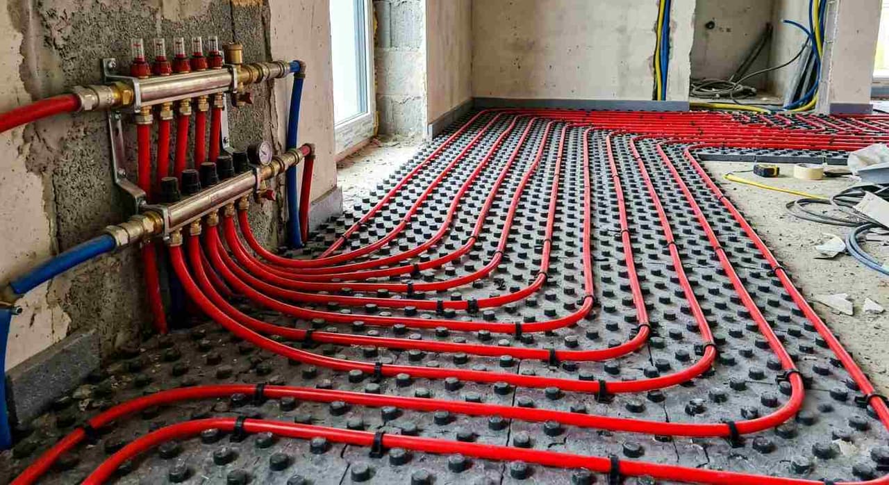 Tubes de plancher chauffant posés sur isolant avant coulage de la chape liquide