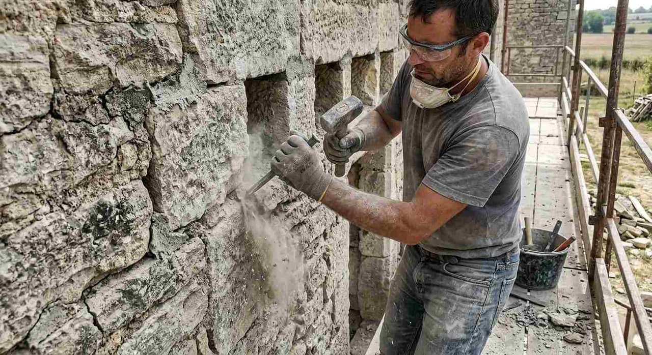 Dégarnissage des anciens joints avant rejointoiement d'un mur en pierre
