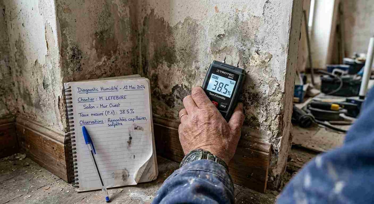Diagnostic humidité : mesure du taux d'hygrométrie d'un mur avant traitement des remontées capillaires