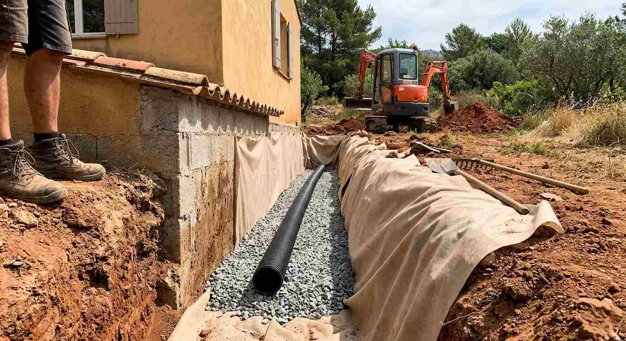 Tranchée de drainage périphérique le long d'une fondation de maison à Aix-en-Provence (drain, géotextile, gravier)