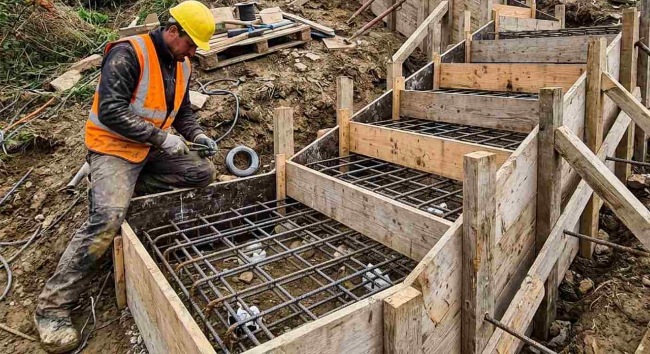 Coffrage et ferraillage d'un escalier béton extérieur avant coulage