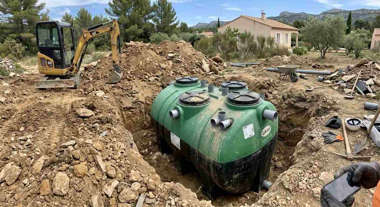 Pose d'une cuve de micro-station d'épuration dans une fouille terrassée dans les Bouches-du-Rhône