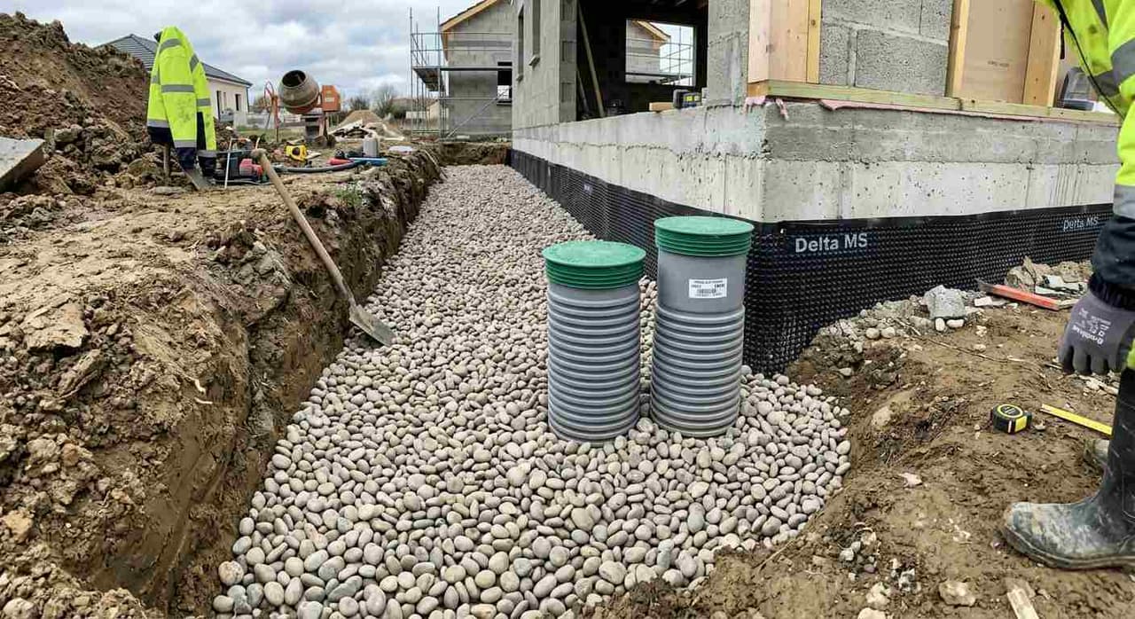 Pose du drain et du géotextile contre le mur enterré lors d'un drainage périphérique en Provence