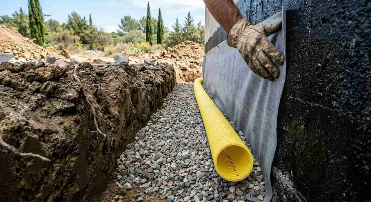 Remblai drainant en gravier roulé et regard de visite d'un drainage périphérique de maison
