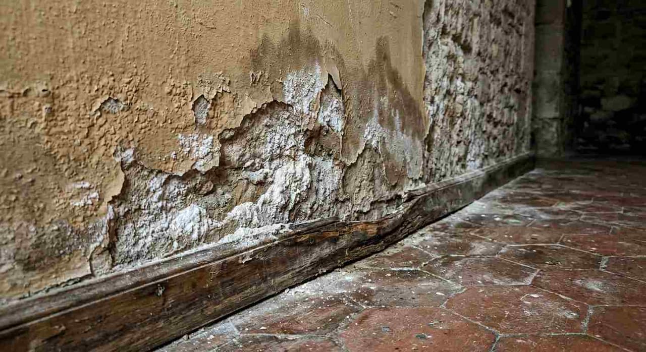 Mur intérieur touché par les remontées capillaires (salpêtre, plinthe décollée) avant traitement à Marseille