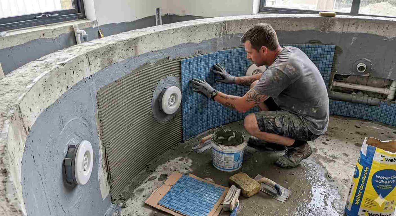 Étanchéité et pose de mosaïque à l'intérieur d'un spa béton