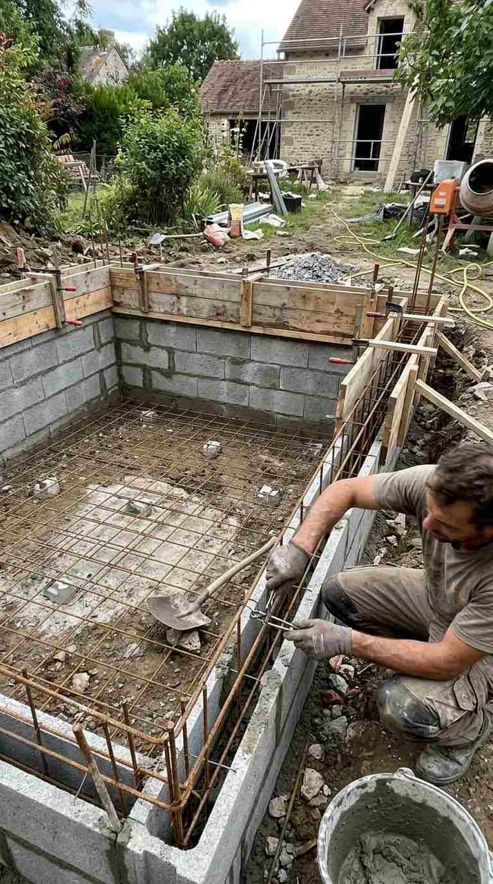 Ferraillage et coffrage d'un spa en béton en cours de construction