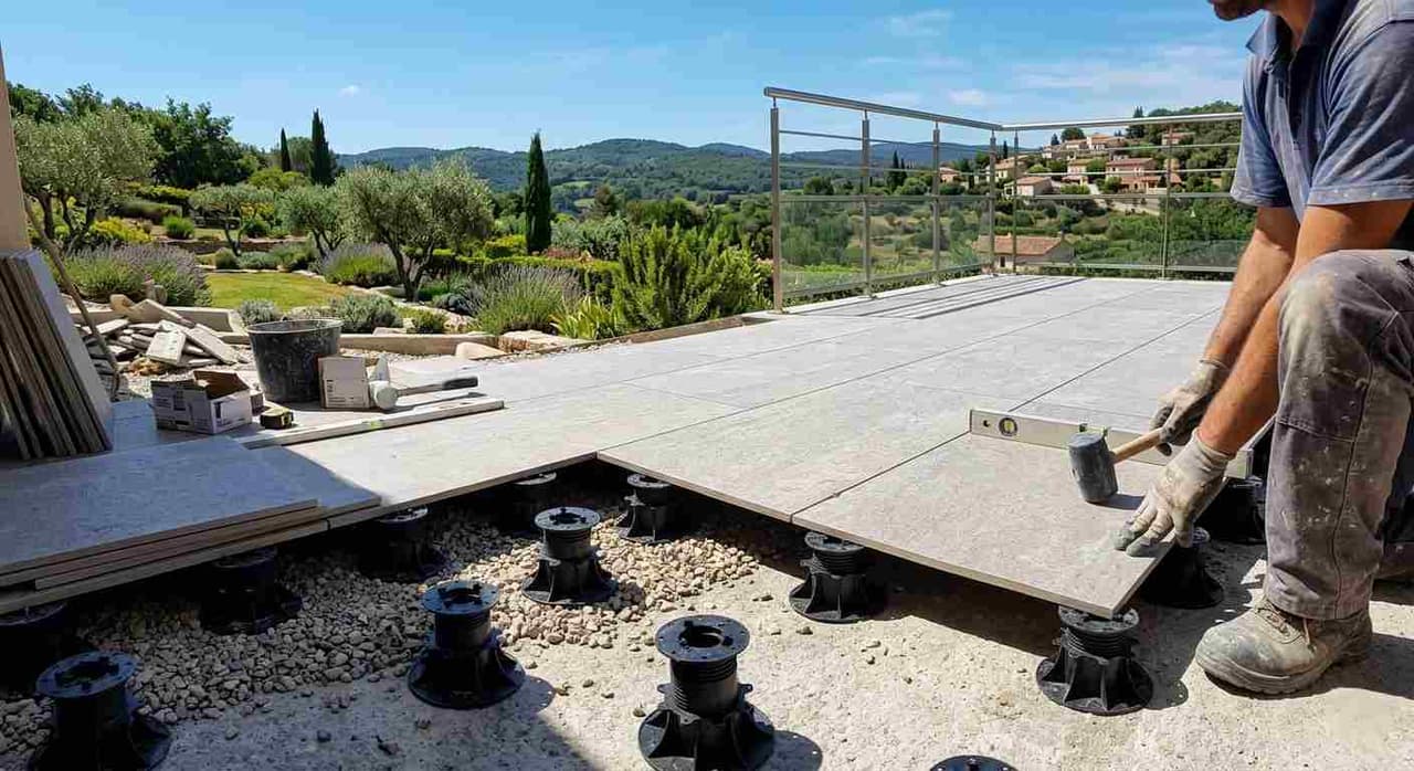 Terrasse en dalles grès cérame posées sur plots réglables en Provence
