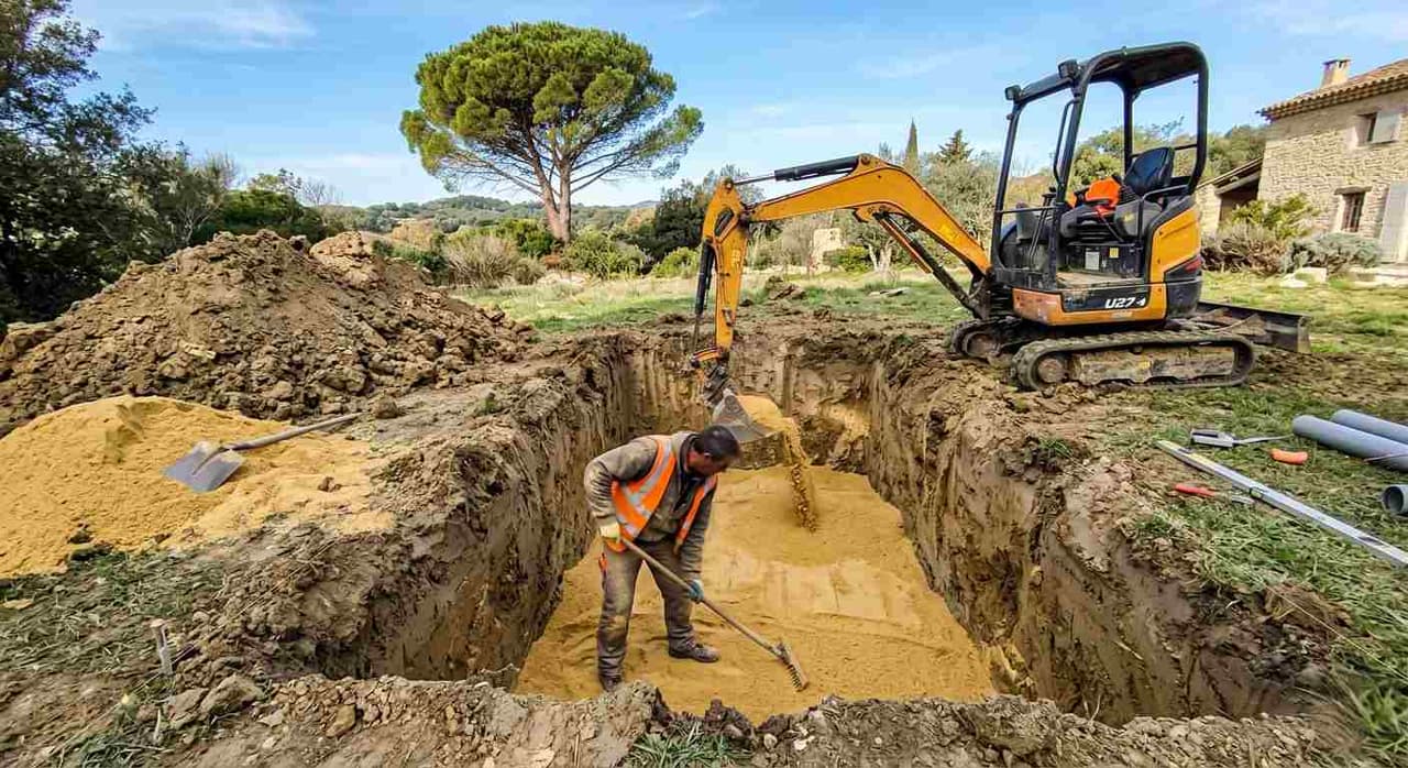 Terrassement de la fouille et lit de sable pour l'installation d'une micro-station d'épuration