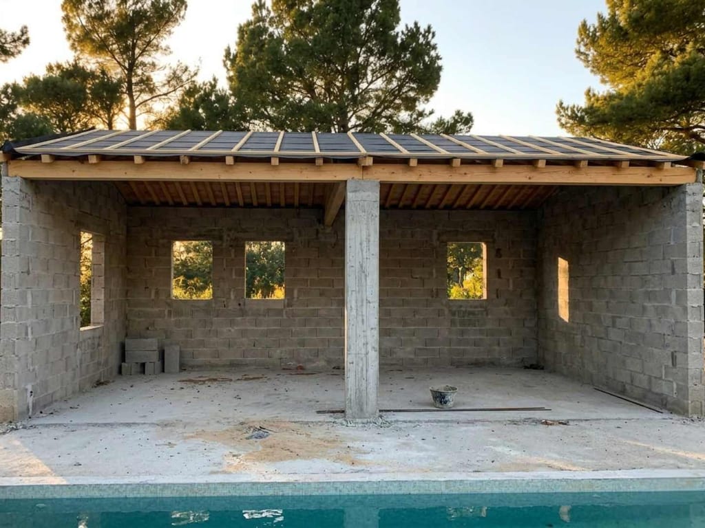 Chantier en cours du pool house à Aubagne : murs en agglos de 20 cm montés et charpente bois posée avant couverture