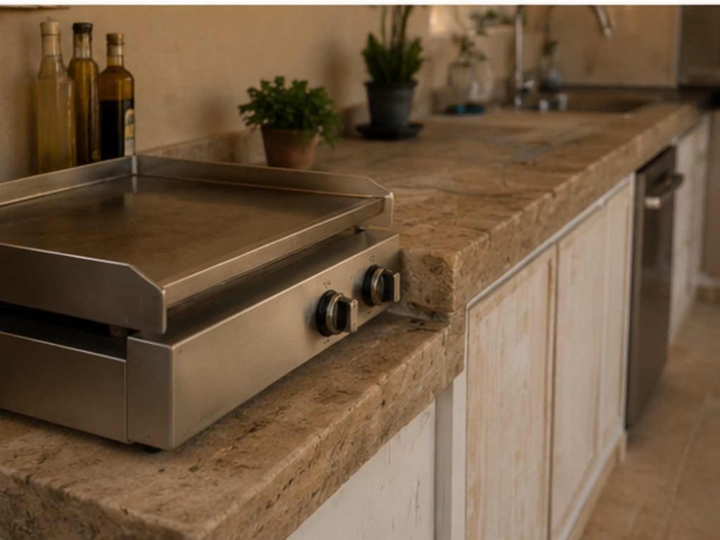 Plancha gaz inox encastrée dans un plan de travail en pierre de Tavel adoucie de 5 cm, cuisine d'été Aubagne