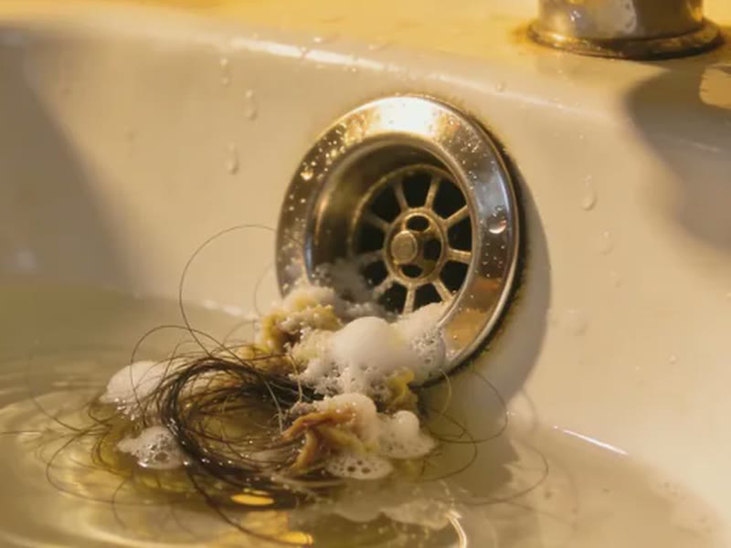 Illustration : bonde de lavabo obstruée par des cheveux