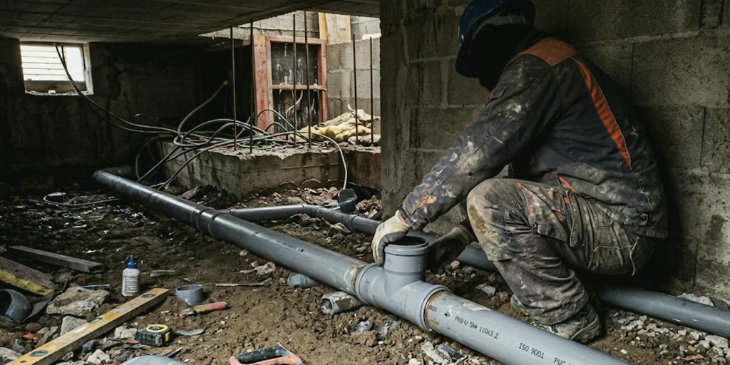Illustration : canalisation d'évacuation en PVC dans un vide sanitaire