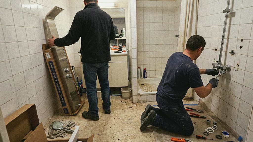 Illustration : remplacement d'une colonne de douche dans une salle de bain carrelée