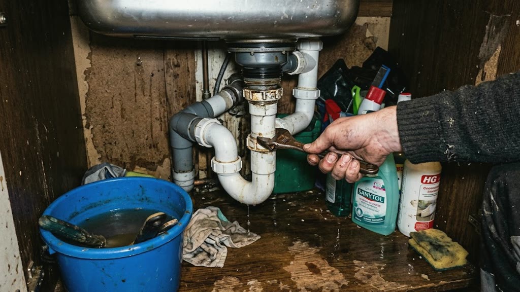 Illustration : intervention sur un siphon d'évier qui fuit, seau de récupération en place