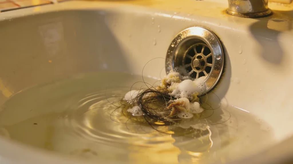 Illustration : lavabo qui ne se vide plus, bouchon de cheveux à la bonde