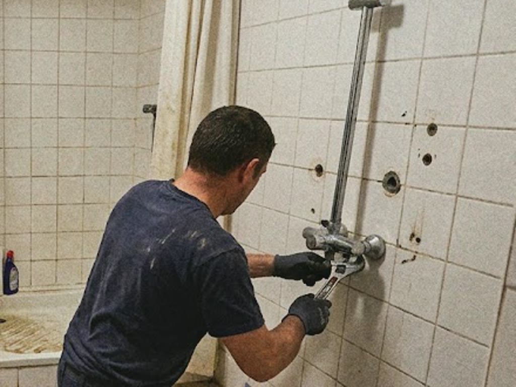 Illustration : réglage d'une robinetterie de douche sur un mur carrelé